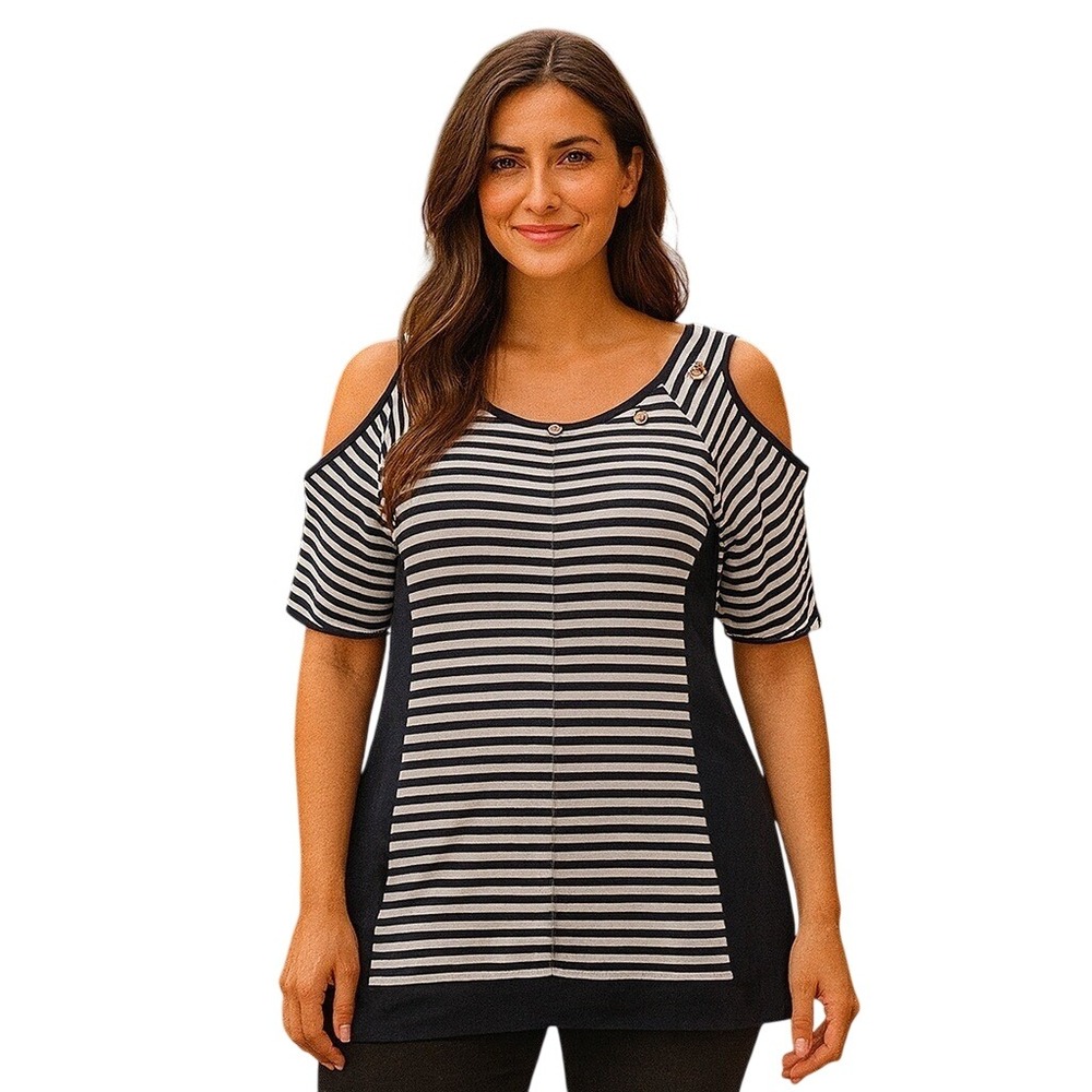 Chico's Striped Cold Shoulder Dress Eyelet Detail Casual Chic Large (2) $59 Nwot